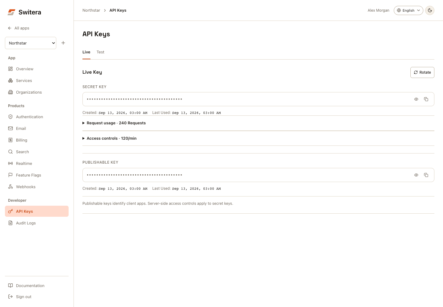 Switera API Keys showing one environment with masked keys and collapsed access controls and request usage