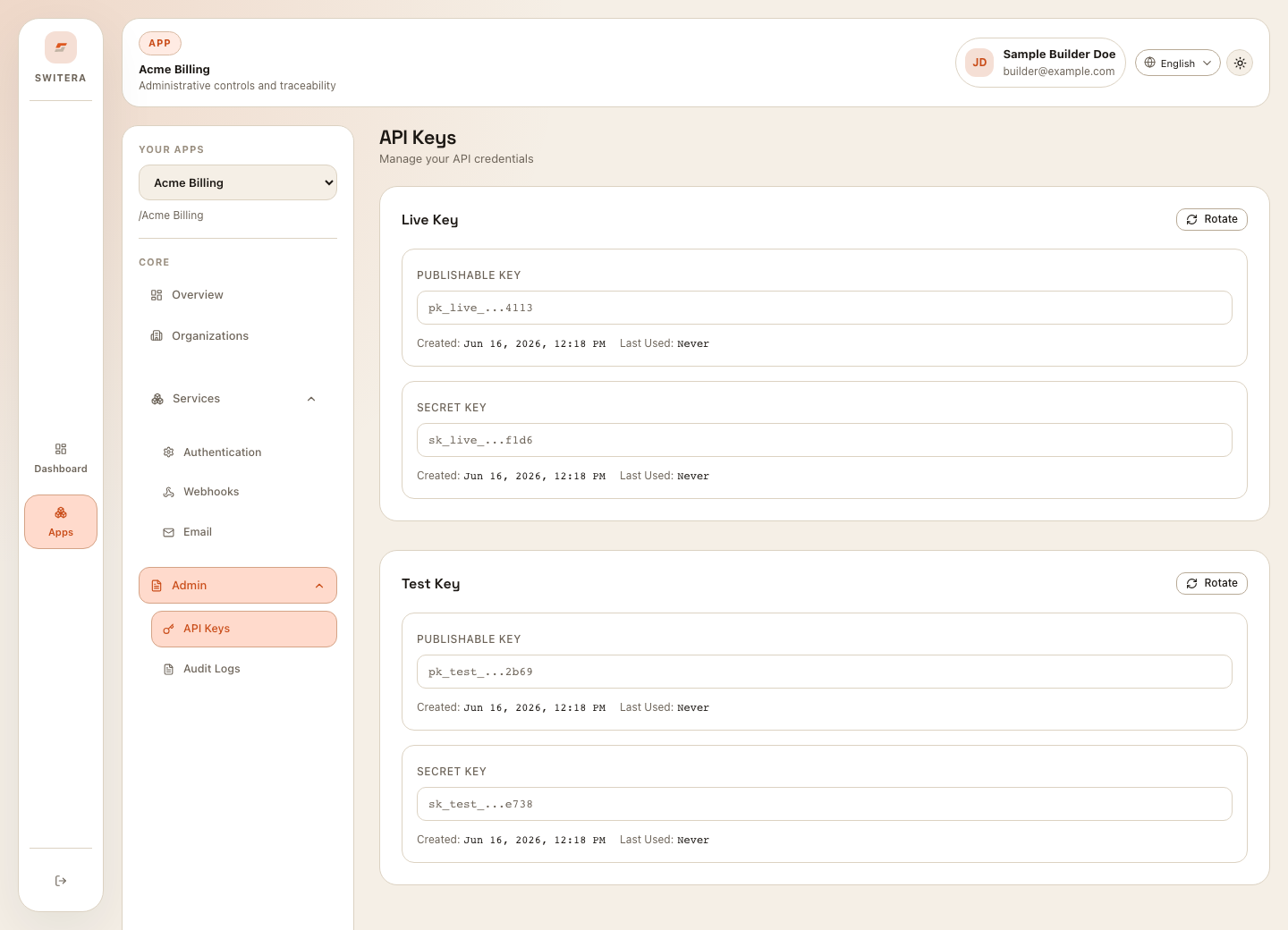 Switera API keys page with live and test key sections and masked key values