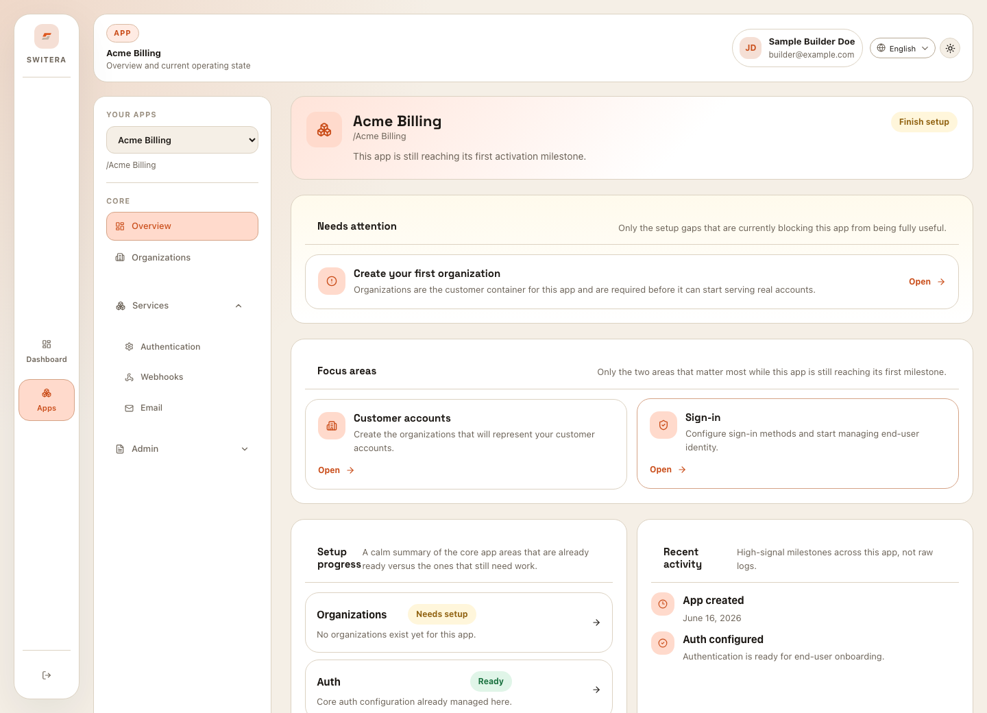 Switera app overview with readiness and next action cards