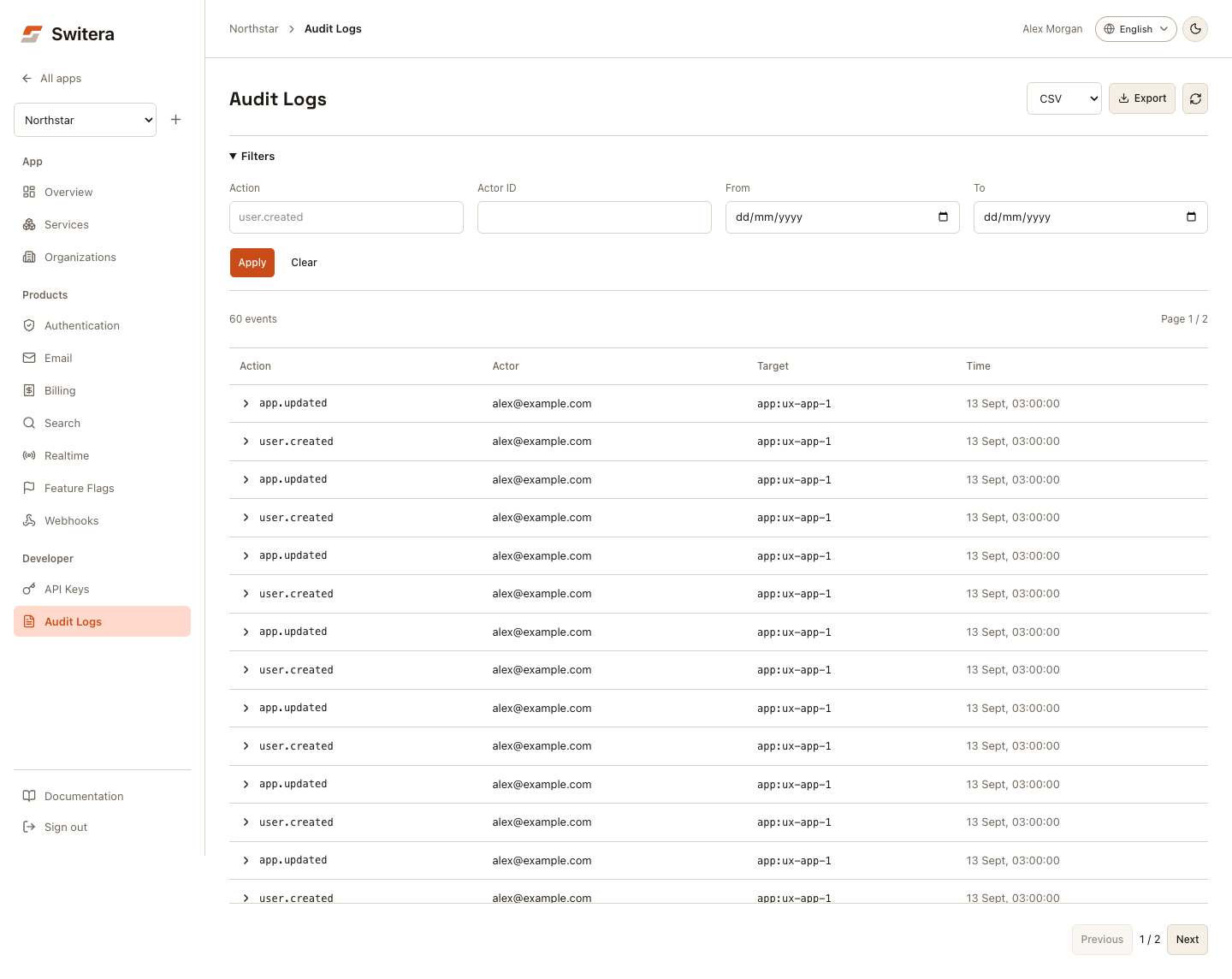 Switera Audit Logs with labeled filters, export format selection, and expandable event rows
