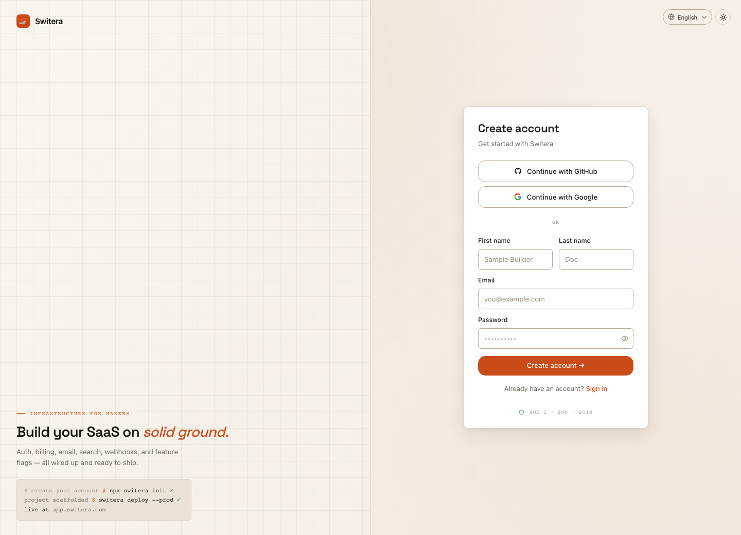 Switera registration page