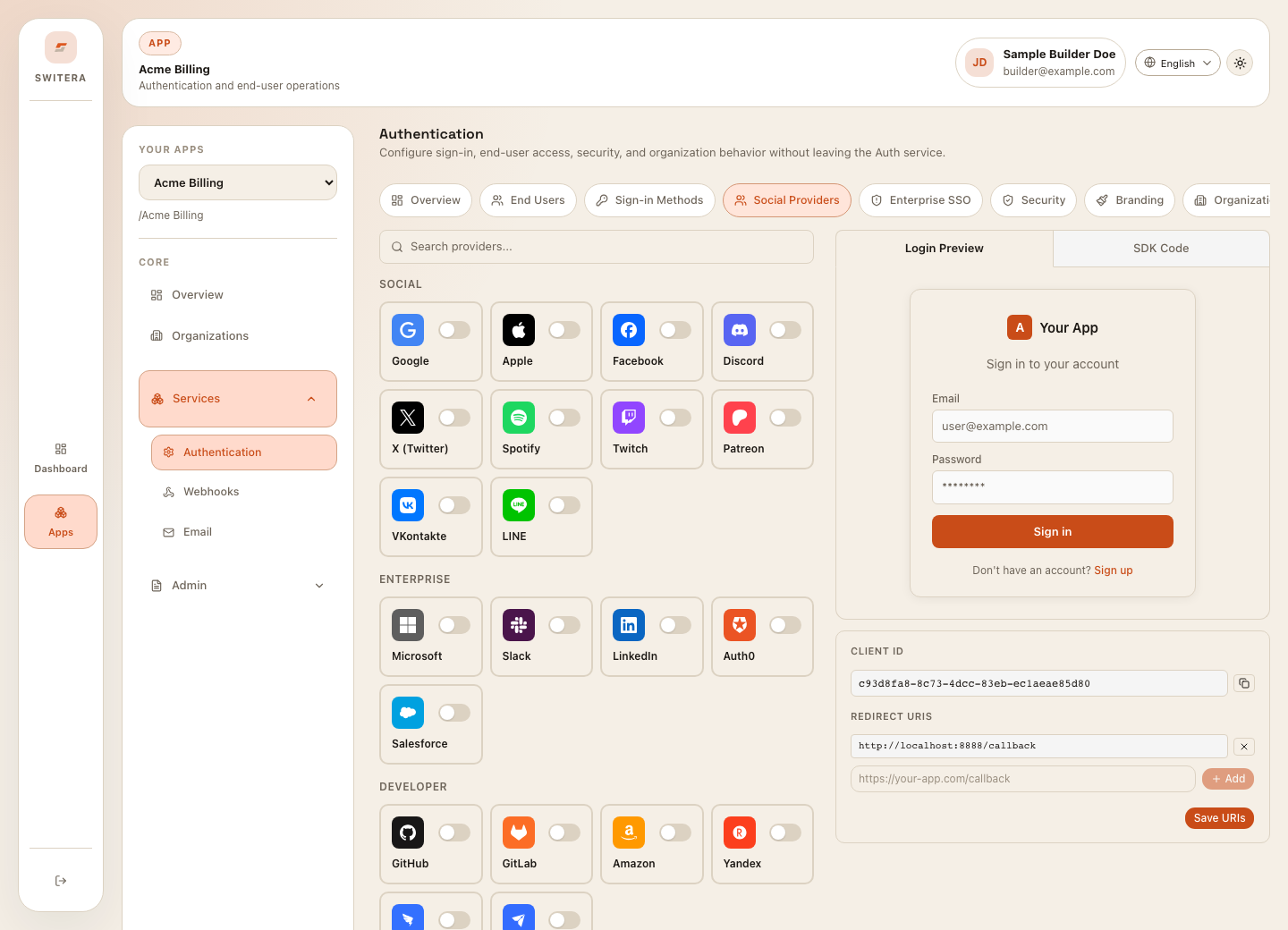 Switera social providers page with provider cards and preview controls