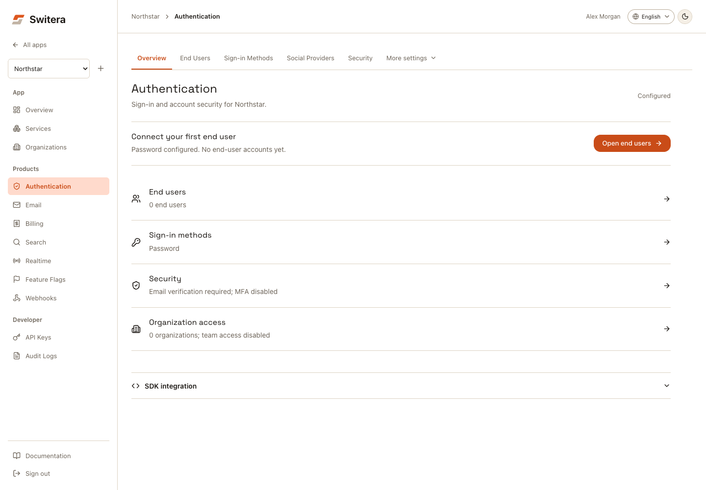 Switera console with a single sidebar, app switcher, product links and visible API Keys