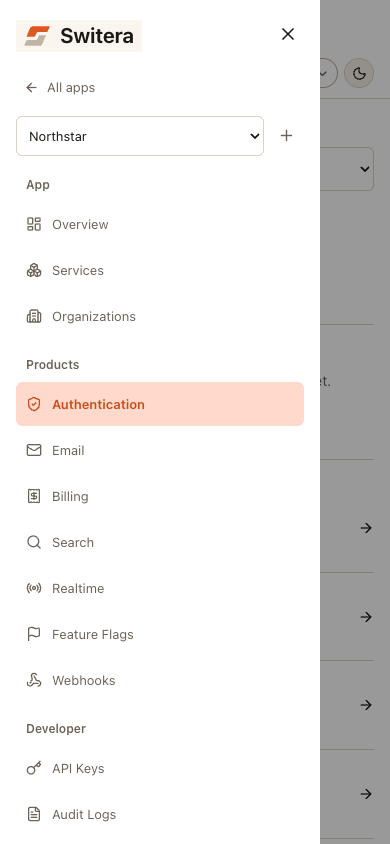 Mobile app menu with Search, Realtime, Feature Flags and Developer links
