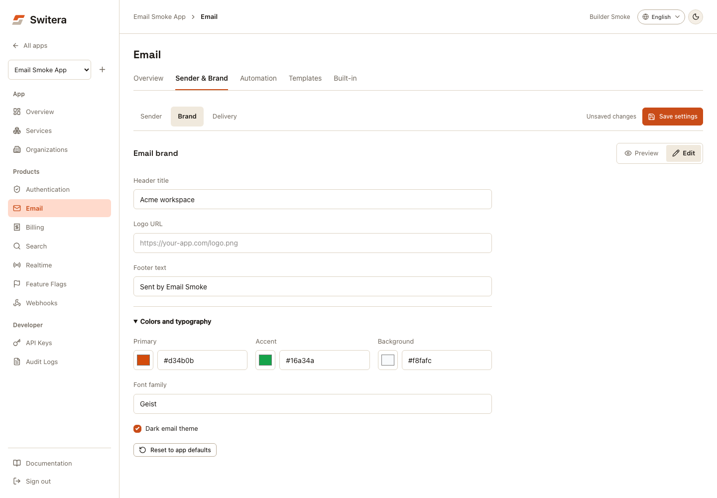Switera Brand editor with header, logo, footer, color swatches and typography settings