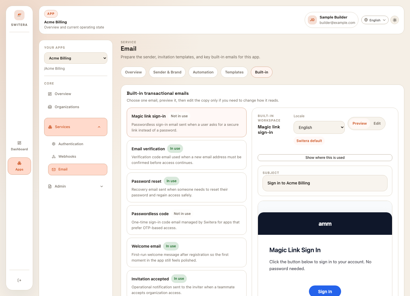Switera built-in managed email detail page