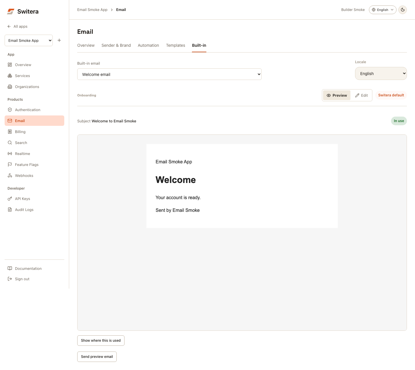 Built-in email and locale selectors above the selected message