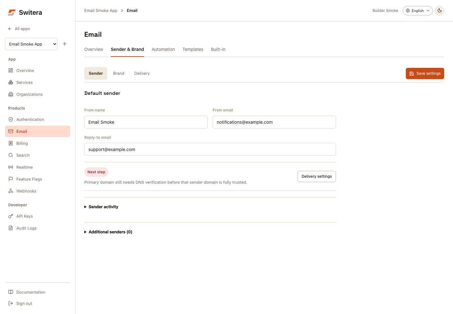 Switera default sender settings with separate Brand and Delivery views