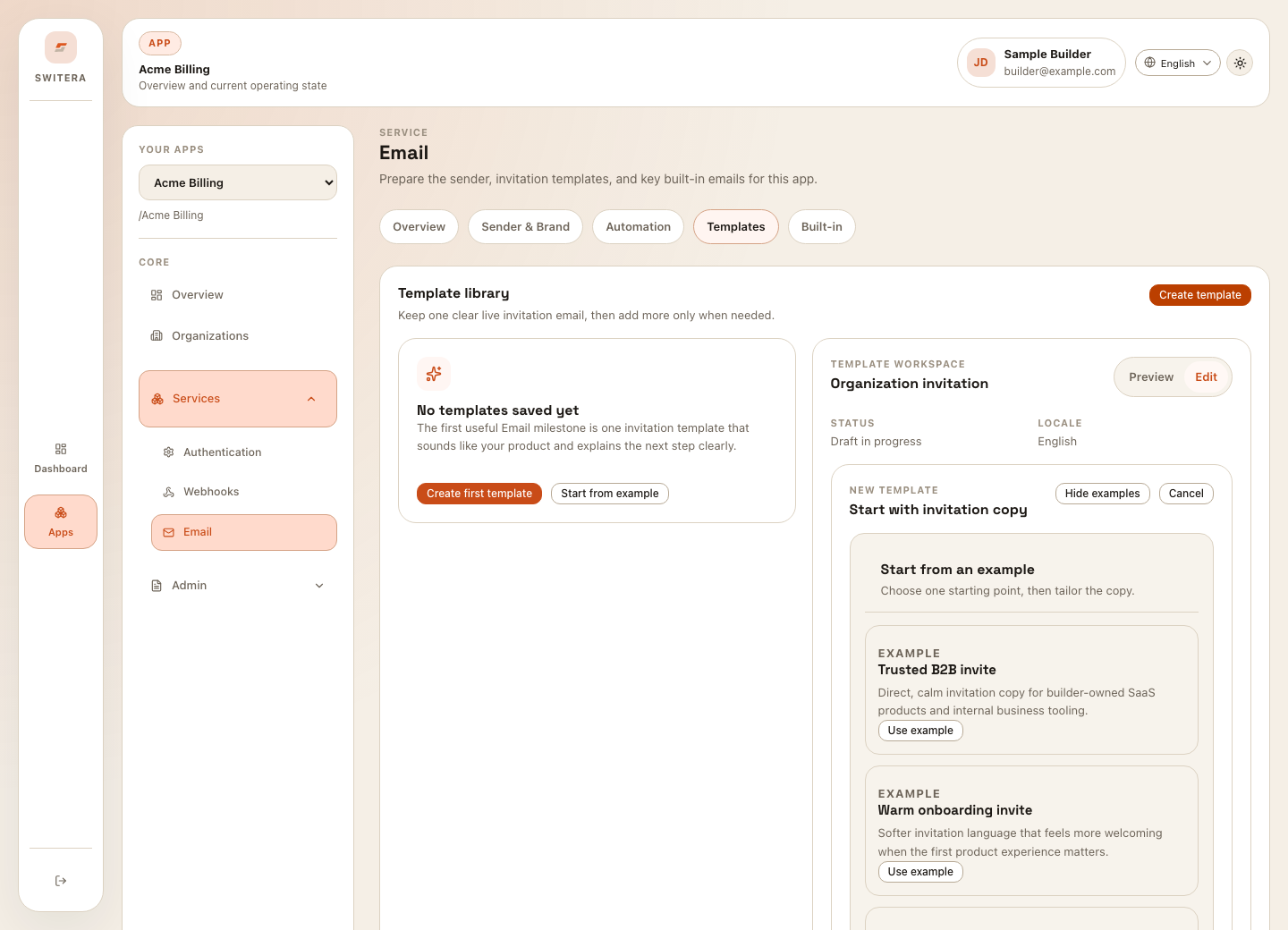 Switera email template creation workspace with invitation examples