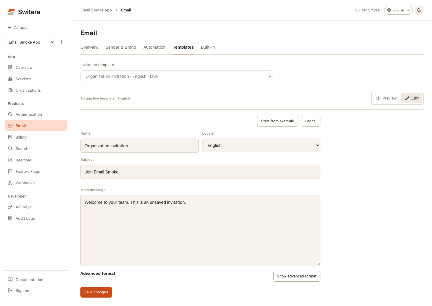 Invitation editor with name, locale, subject and main message fields
