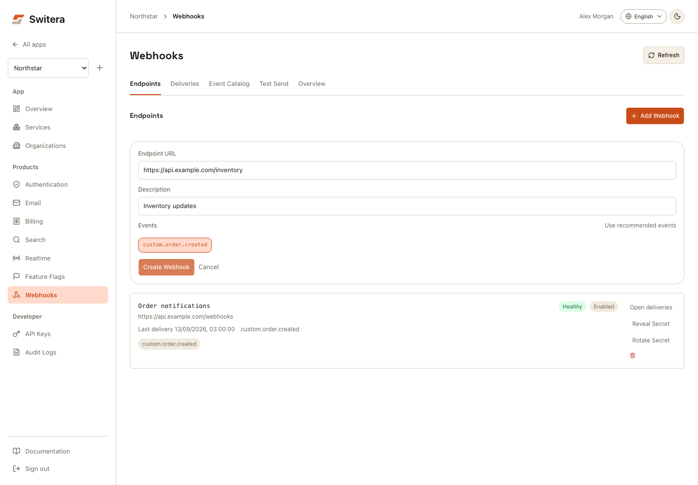 Switera webhook endpoint form with sample HTTPS receiver URL and selected custom event
